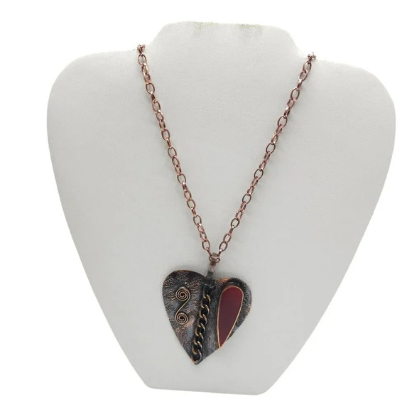 Red Enamel Heart On Copper Pendant Chain Necklace Lobster Closure Vintage - Picture 1 of 7